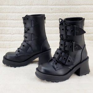 Bratty Goth 3 Big Buckle Strap Block Heel Combat Ankle Boots Punk Rock